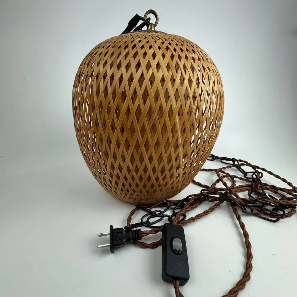 Vintage Woven Bamboo Swag Pendant Light MCM Boho Teardrop Hanging Lamp plug in